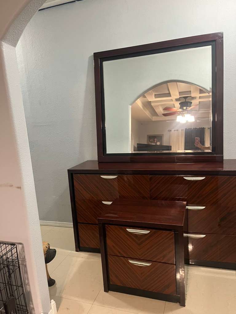 King size bedroom set for sale. Includes bed, mattress, dresser with removable mirror, and two night stands. Asking $475 O.B.O