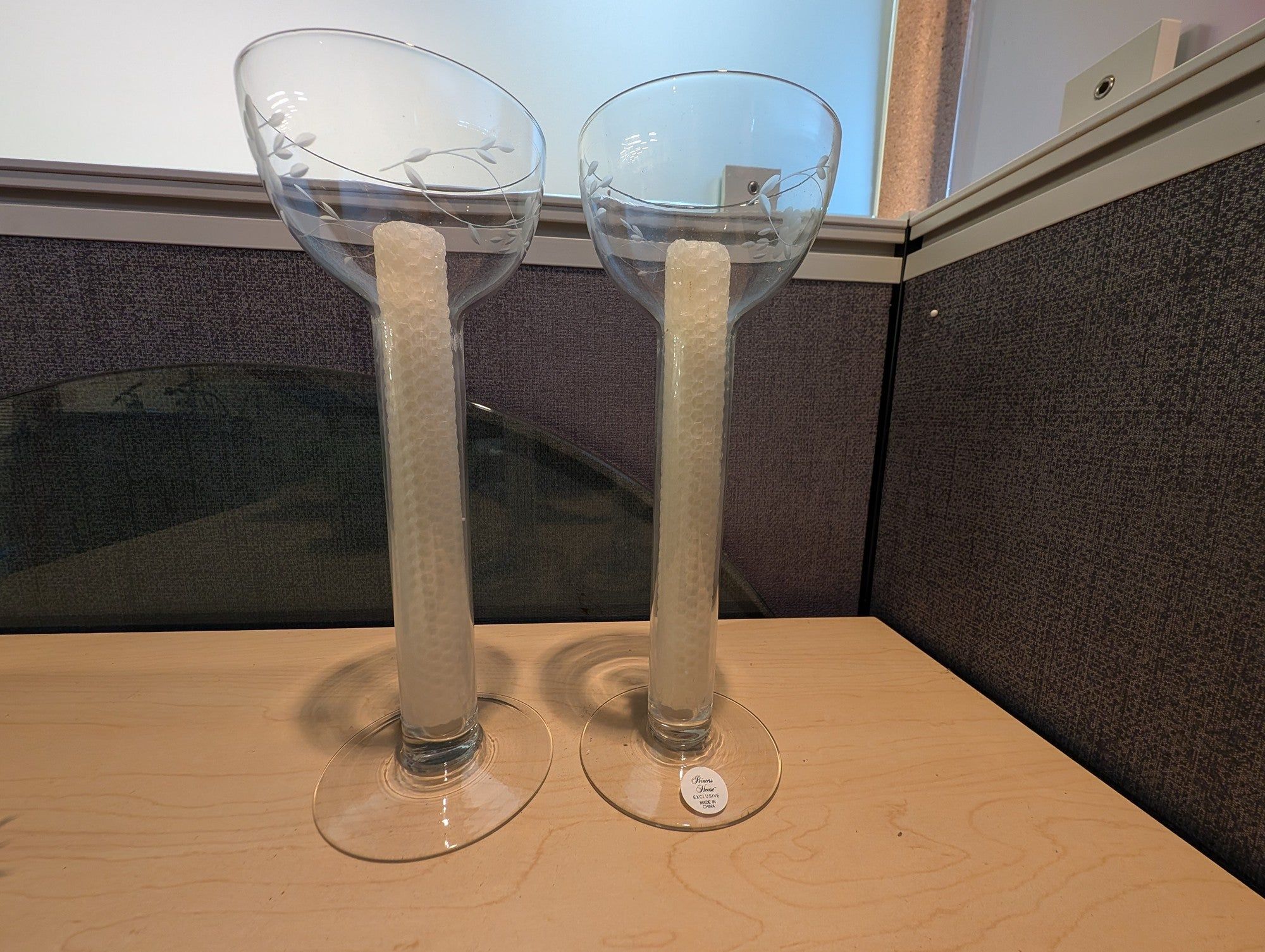 Princess House Clear Glass Etched Decorative Candle Holders Pair