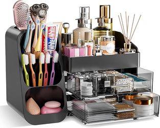 Makeup Organizer with Drawers for Vanity Bathroom Counter Organizers and Storage, Large Skincare Organizer with Brush Toothbrush Holder for Perfume, N