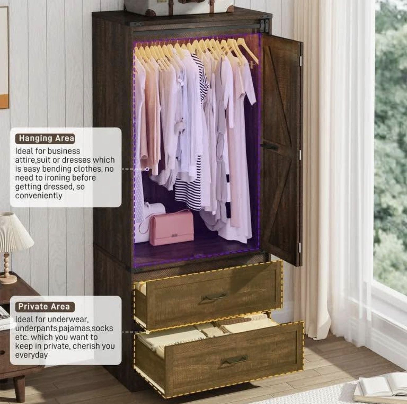 NJ DJ0722BR ChVans 72.8''H Armoire Wardrobe Closet with Sensor Light and 2 Drawer, Farmhouse Bedroom