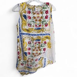 100% silk Boho floral print sleeveless top with asymmetrical hem Made in Croatia  size small