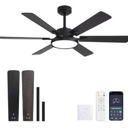 52in Black Low Profile Ceiling Fan with Light, Remote Control, 6 Blades, Dimmable LED, Flush Mount, Reversible, 6 Speeds, Ultra Quiet, New