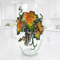Art Glass Vase Sculpted Applied Grape Cluster Leaf Relief Clear Glass 8”