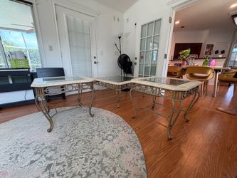 Set of 3 Vintage/Traditional Coffee Tables – Glass & Decorative Metal