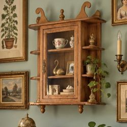 Vintage Wooden Wall Hanging Curio Cabinet With Glass Doors For Trinkets Collectibles, Miniatures, Granny, Core Cottage  Grand Millennial