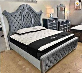 Gray Black Velvet Upholstered Master Suite Bedroom Furniture Set Queen King Size Bed Frame dresser mirror nightstand chest mattress box spring Only $3