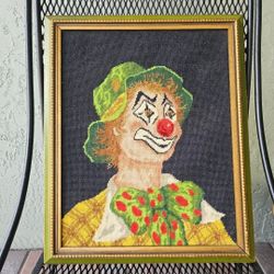 Vintage Clown Needlepoint Framed Rare 