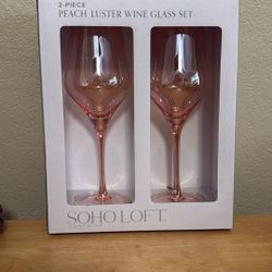 New Soho Loft Peach Luster Wine Glasses Set of 2 NIB