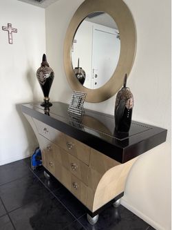 High end luxury console wood modern entryway w mirror champagne color