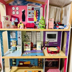 Wooden Doll House With Dolls And Furniture Included