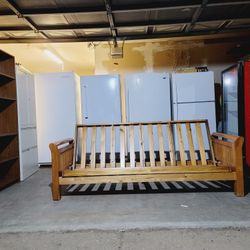 Fridge, Freezers, Commercial Coke Cooler, Wooden Futon, Filing Cabinet & Tall Bookshelf