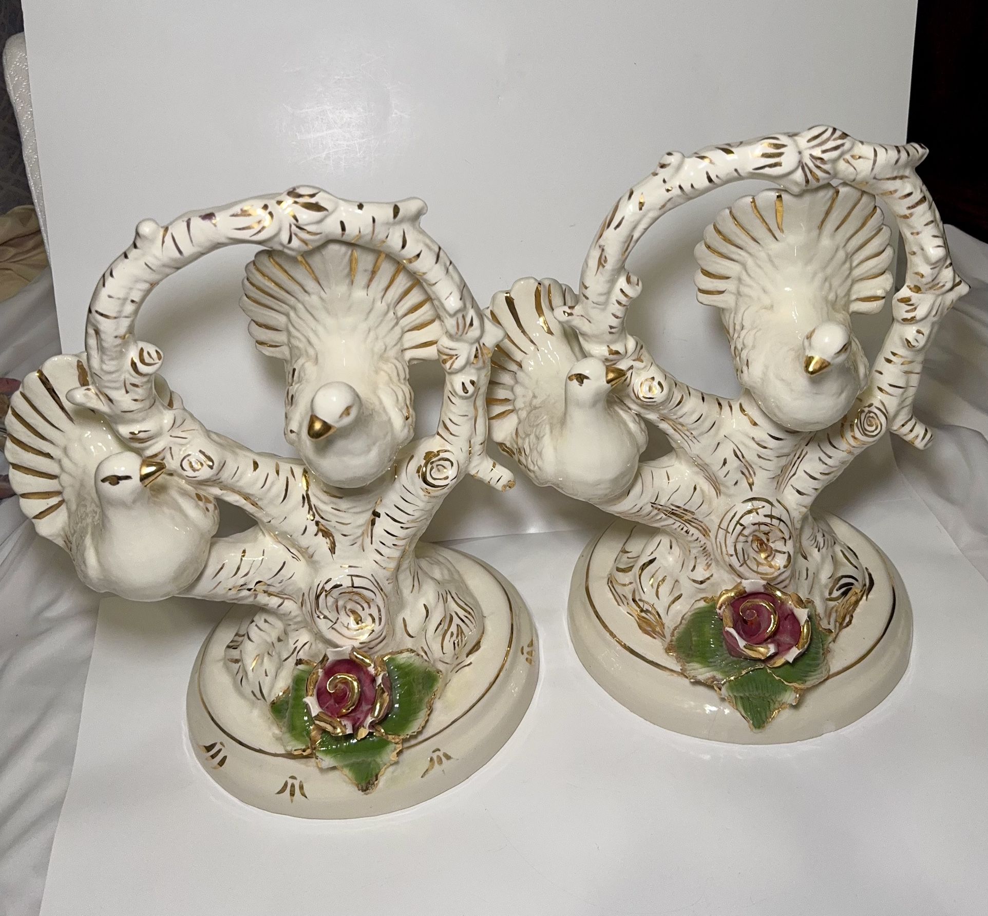 Vintage Porcelain Bird Tree Figurines Pair White Gold Accents Floral Base Set