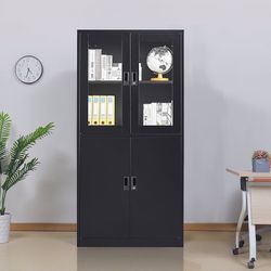🔥 Black Metal Storage Cabinet with Glass Doors, 71" Locking Glass Door Cabinet with 2 Adjustable Shelves, Steel Storage Cabinet with 4 Doors for Home