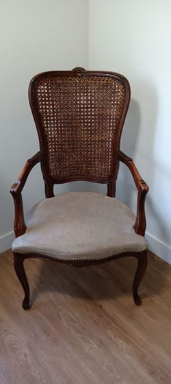 1980's Vintage French Suede Leather Cane Chair / Wing chair / Accent Chair