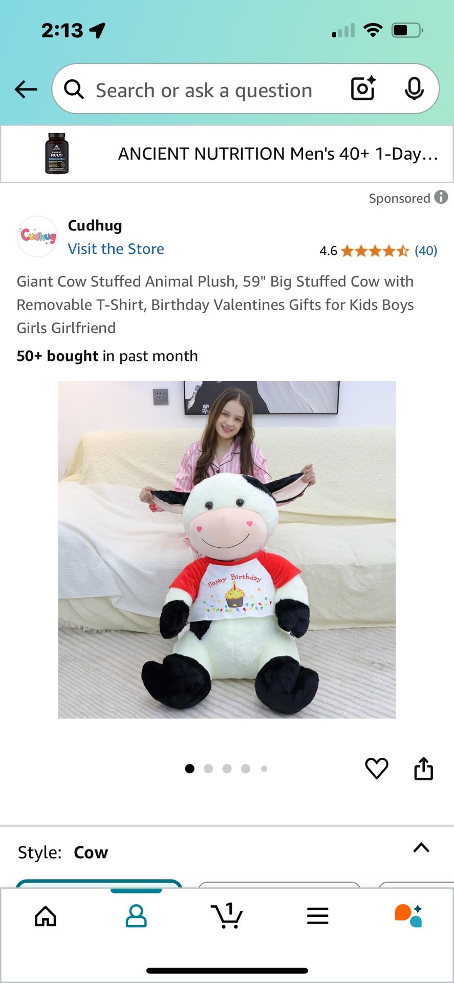 59’ Giant Stuffed Cow For Bdays Gifts Parties Brand New