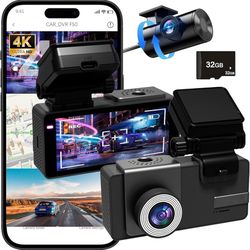 Brand New In Box Unopened    Dashcam Front and Rear Camera, 𝟒𝐊 UHD Dual Channel Dash Cam,WiFi - App Control, G-Sensor, Loop Recording, 170° Wide Ang