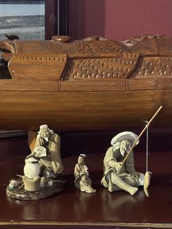 Vintage Shiwan MudMen Tea Maker~Young Woman~Fisherman Bonsai Tree Figurines