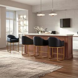 Set Of 4-Black Leather Barstool With Gold Legs 