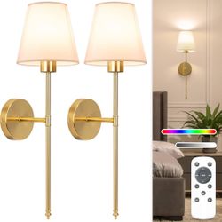 Set of 2 Gold Rechargeable Wall Lights/Sconce with 5200mAh Dimmable Bulbs and Remote
