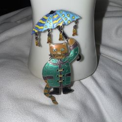 Vintage Zarah Sterling Silver Cloisonne Enamel "Raining Fish Umbrella Cat Brooch" 