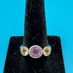 Sterling Silver 1 Larger Amethyst Stone & 2 Citrine Stones Ring Smooth Size 7 Weighs 4.25 Grams Great Condition 