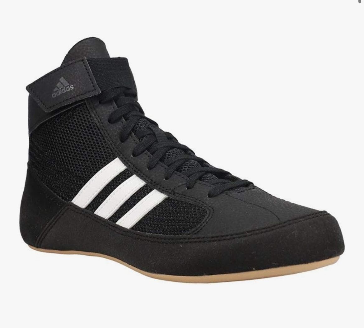 Size 9 Adidas Men's HVC Wrestling Shoe, Black/White/Iron Meta