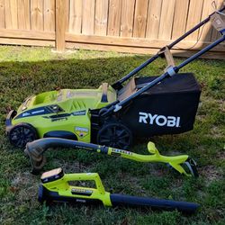Ryobi Lawnmower, Trimmer and Leaf blower Bundle