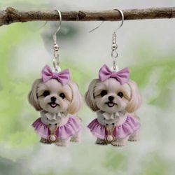 Dog Pendant Earrings, 2D Acrylic Poodle Pendants, Pink Skirt And Pink Bow