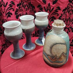 Vtg Handmade Pitcher & 3 Goblets 