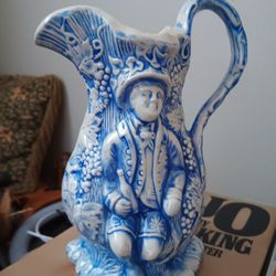 Vintage Blue Pottery Pitcher 7.5" Tall