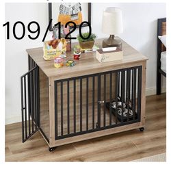 🔥Dog Crate Furniture, Dog House Indoor with Feeding Bowl and Wheels, Wood Dog Crate Dog Kennels Decorative Dog Crate for Small Medium Dogs Grey 43.7"