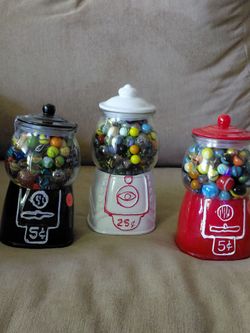 Set of 3 Hand-Painted Gumball Machine Jars with Marbles