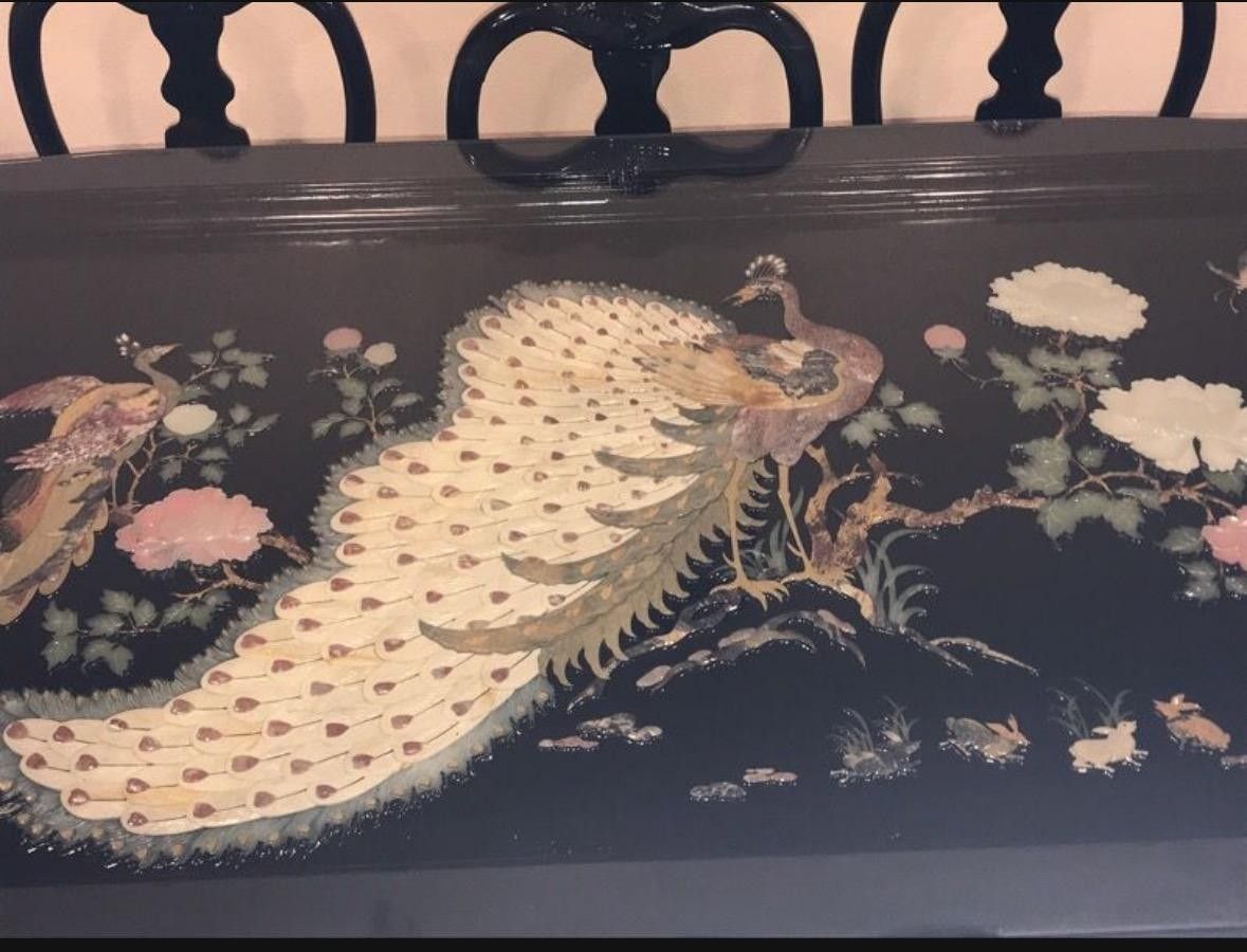 Black Mother Of Pearl Dining Table and Chairs