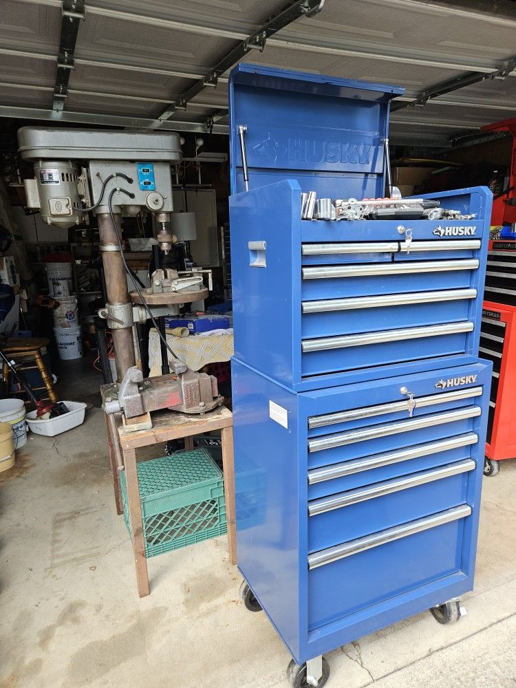 Husky Heavy Duty Rolling Toolbox Full With Tools Including Shop Drill Press 12 Speed And Vice And Steel Table All Included Grate Gift For Christma
