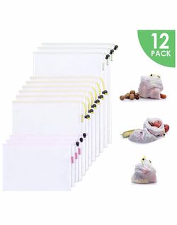 Atopsell Reusable Mesh Produce Premium Lightweight Washable Durable Bags with Tare Weight on Tags Set of 12 with 3 Different Sizes, medium White