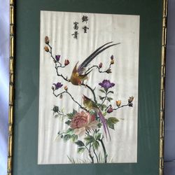 Chinese Silk Art With Birds, Large Bamboo Frame Micro Needlepoint, Large  Tropical Wall Decor