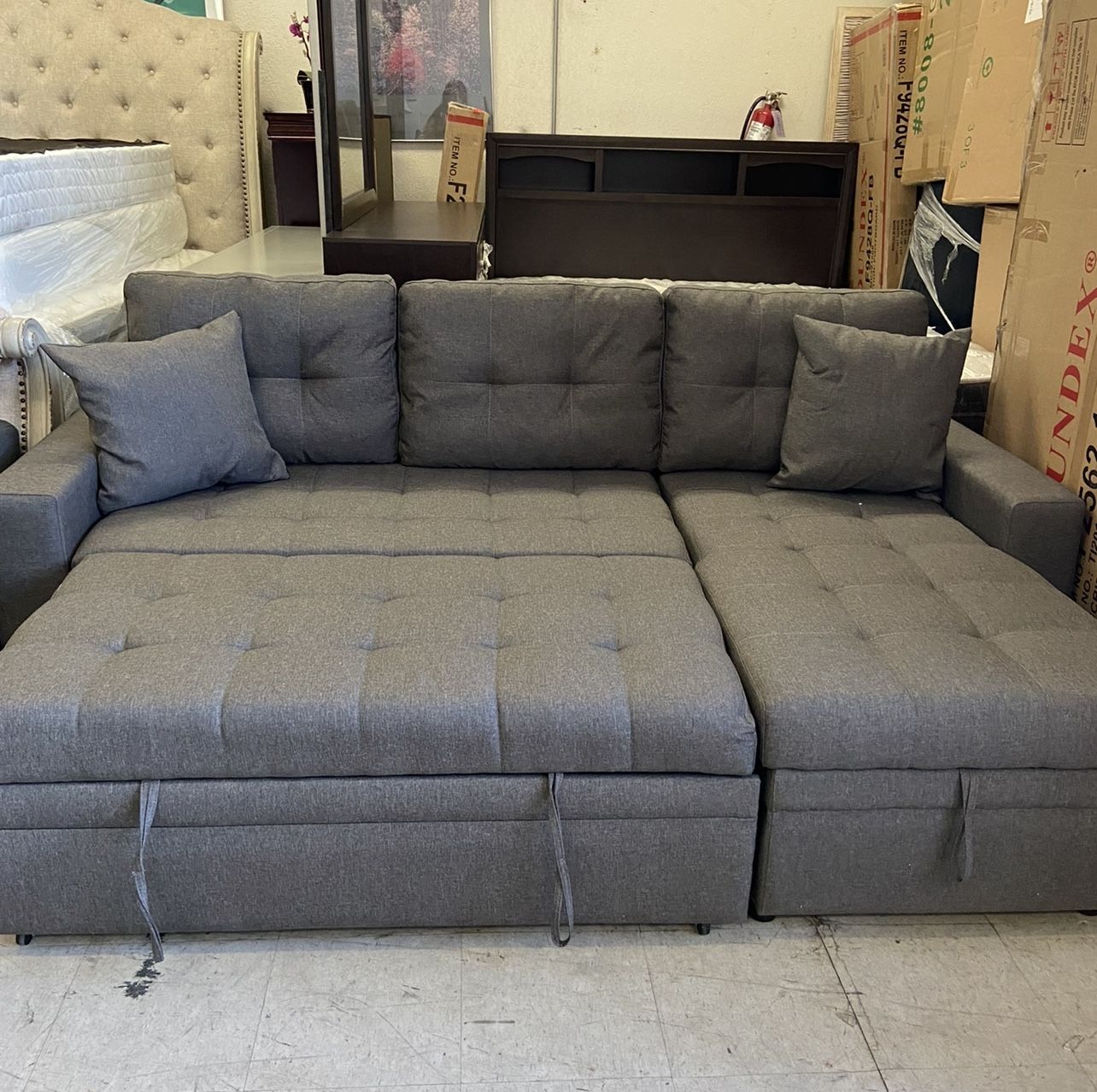 Living room set Sectional Sofa Pullout Bed W / Chaise Storage Faux leather 88” X 57” x33”H