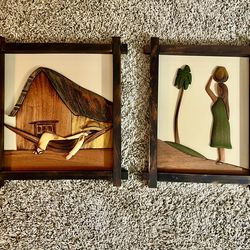 Vintage Hand-Carved Wood Relief Wall Art — Matching Pair (Rustic Folk Style)