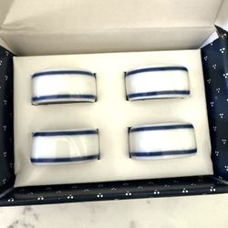 Dansk Bistro Napkin Rings Cook & Serve Set Of Four In Box White With Blue Trim  2 boxes available - $15 per box 