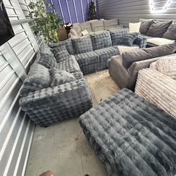 Grey waffle / ottoman Sectional Sofa/ Couch (We Deliver)