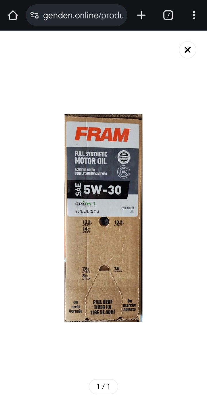 Fram 5x30 Full Syntethic Oil.
6 Gallon Box.