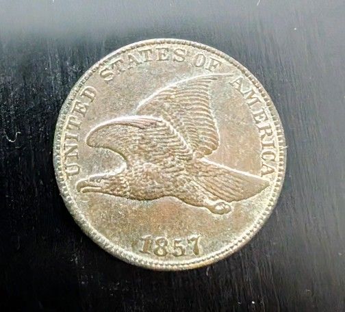 1857 antique XF+/ almost uniculated details flying eagle copper cent, dark