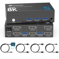 8K HDMI KVM Switch 2 Monitors 2 Computers, 8K@60Hz Dual KVM Switch for 2 Computers Sharing 2 Monitors, Keyboard, Mouse, Hard Drives, Printer, with EDI