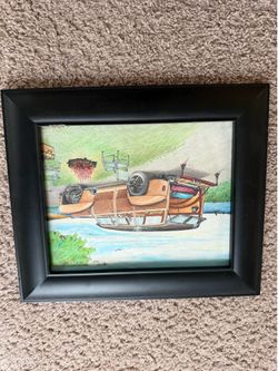 Small Original Surreal Colored Pencil Painting in Black Frame, Signed Artwork