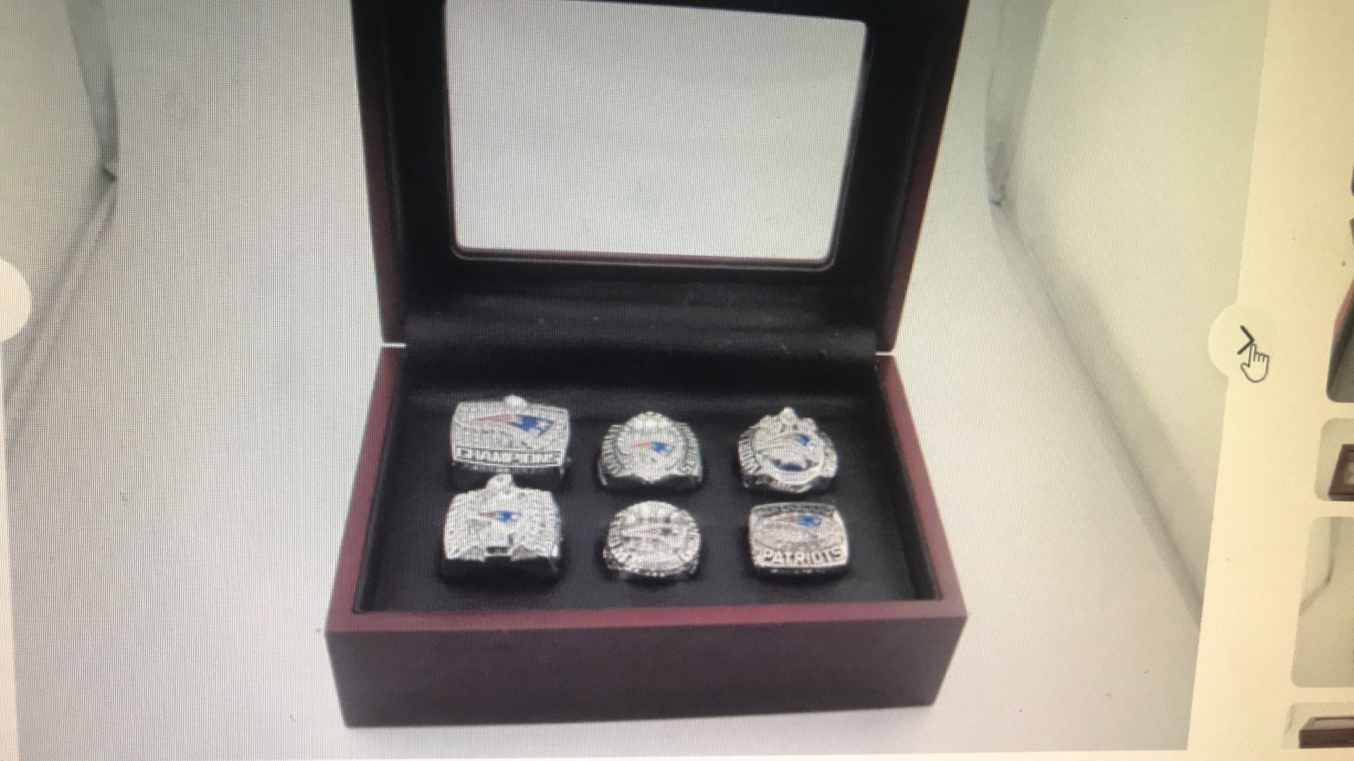 New England Patriots Championship 6 Piece Replica Silver Rings Set W/ Wooden Box
