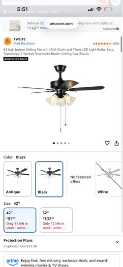 TWLITE 42-Inch Black Indoor Ceiling Fan with Lights