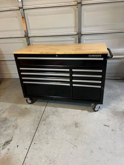 New Husky 52 in. W x 25 in. D Standard Duty 9-Drawer Mobile Workbench Tool Chest with Solid Wood Top in Gloss Black