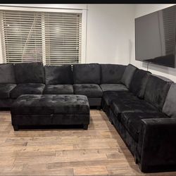 Oversized Black Velvet L Shaped Sectional Couch 