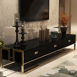 Black TV Stand 3 Drawers Media Stand With Gold Metal Accents