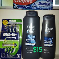 Shampoo Dove, Razor, Toothpaste 